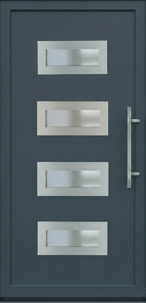 Model ulaznih vrata PM 007 u dezenu antracit sa četiri horizontalna staklena panela i inox ručkom