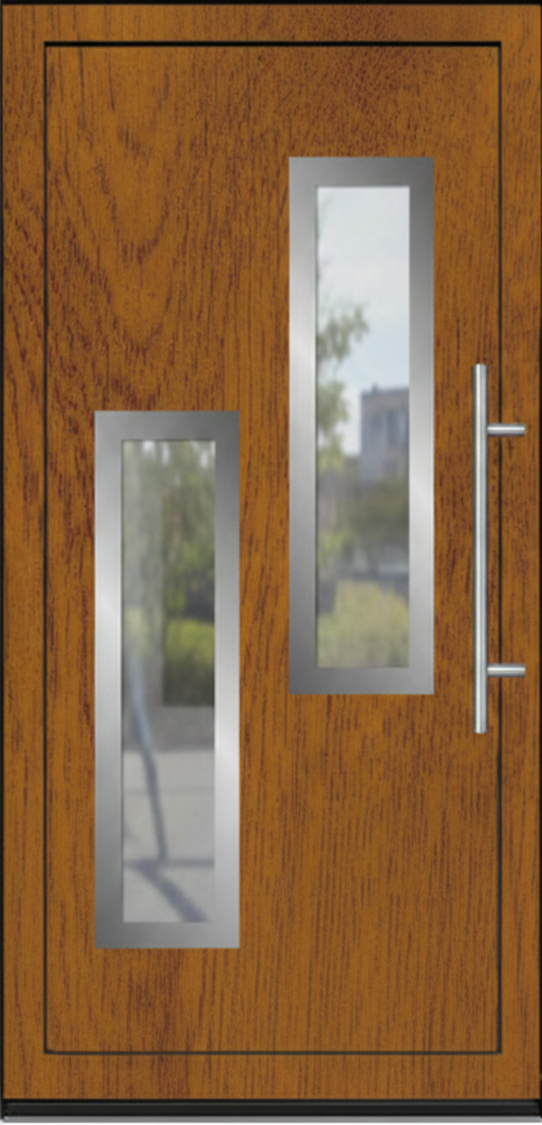 Model ulaznih vrata PM 003 u dezenu zlatni hrast sa dva vertikalna staklena panela i inox ručkom