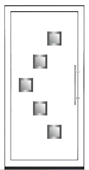 Moderna bela ulazna vrata sa pet kvadratnih stakla postavljenih u luku i dugačkom metalnom ručkom.