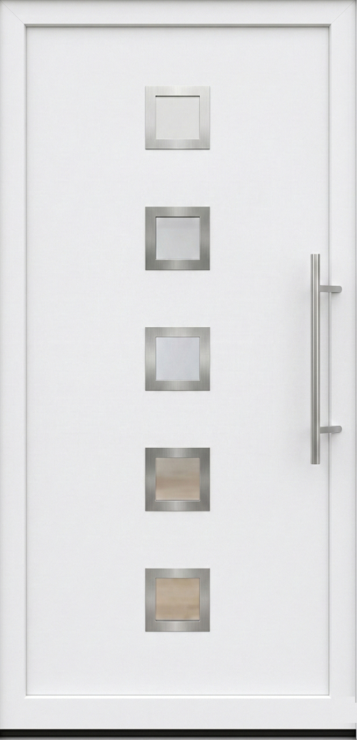 Ulazna vrata model PM 010 u beloj boji sa pet kvadratnih dekorativnih stakala raspoređenih vertikalno i dugom inox ručkom sa desne strane.