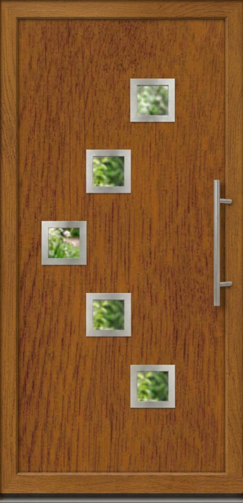 Moderno dizajnirana ulazna vrata PM 011 u dezenu zlatni hrast sa pet kvadratnih stakala i inox rukohvatom.