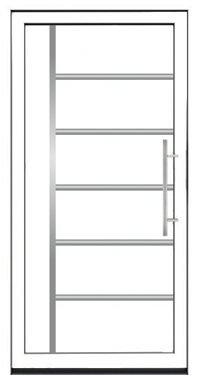 Moderna bela ulazna vrata sa vertikalnim staklenim panelom i horizontalnim srebrnim lajsnama.