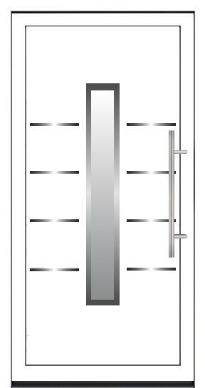 Moderna bela ulazna vrata sa jednim dugačkim centralnim staklom i ukrasnim horizontalnim linijama.