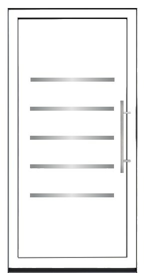 Moderna bela ulazna vrata sa pet horizontalnih inox aplikacija i vertikalnim metalnim rukohvatom.