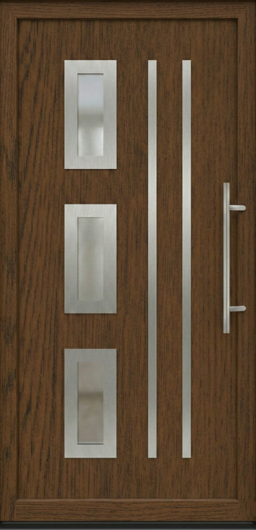 Model ulaznih vrata PM 006 u dezenu orah sa tri dekorativna staklena panela i inox detaljima