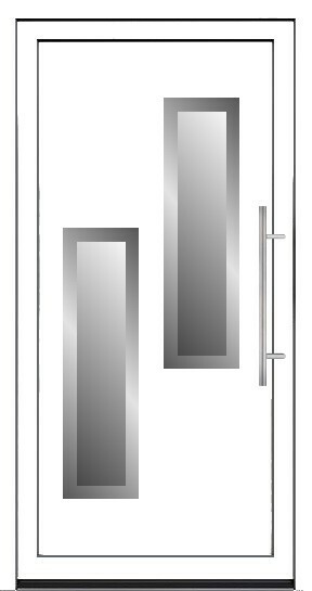 Moderna bela ulazna vrata sa dva dugačka pravougaona staklena otvora postavljena asimetrično.